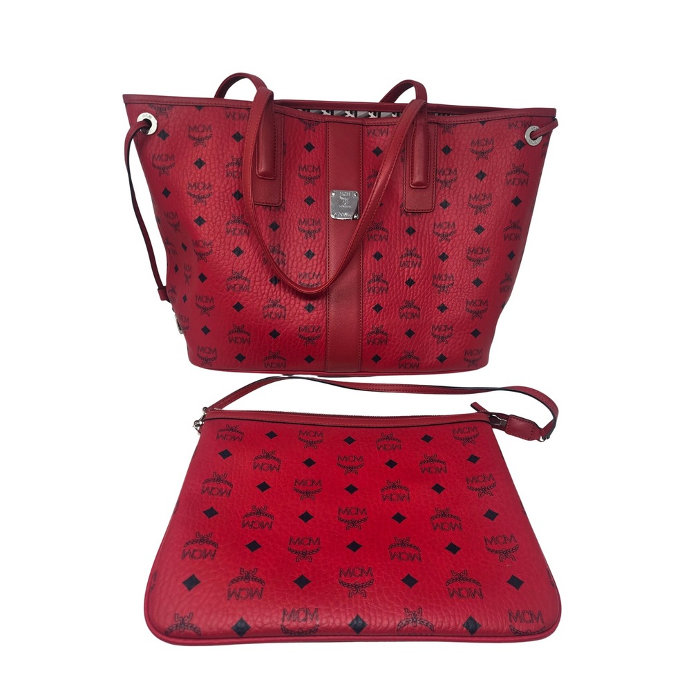 MCM Liz Reversible Shopper Visetos Red Monogram Tote Bag Pouch MWPCSVI01XC001